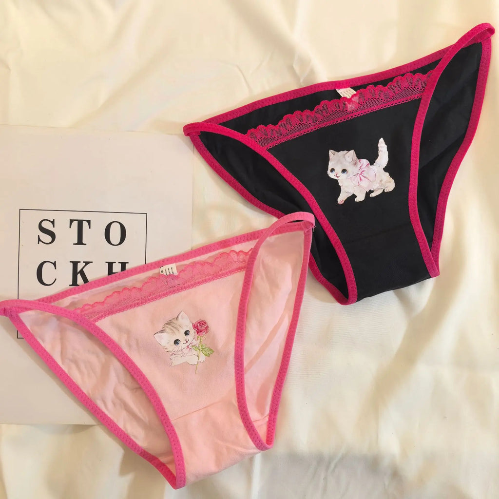 Retro Panties Japanese Sweet Cool Kitten Underwear Female Y2K Lace Girls Panties Cotton Crotch Women's Intimates Briefs Lingerie