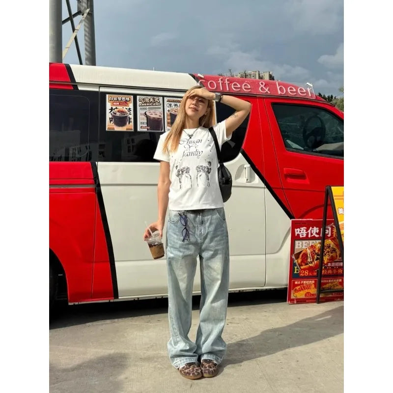 Wash Retro Light Blue Neutral Denim Trousers Women's Summer Cool Girl Pants Vintage Bottoms Female High Waist Wide-leg Jeans