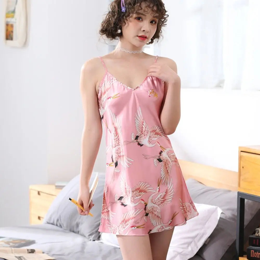 Red-crowned Crane Women's Pajama Dress Thin Homewear Ice Silk Suspender Nightdress Party Dress Sleeveless Slim Sling Nightgown