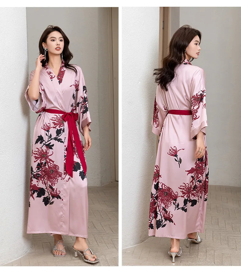 Print Flower Female Long Robe Sleepwear Japanese Kimono Bathrobe Gown Spring Summer Satin Nightgown Loose Casual Home Dress Wear
