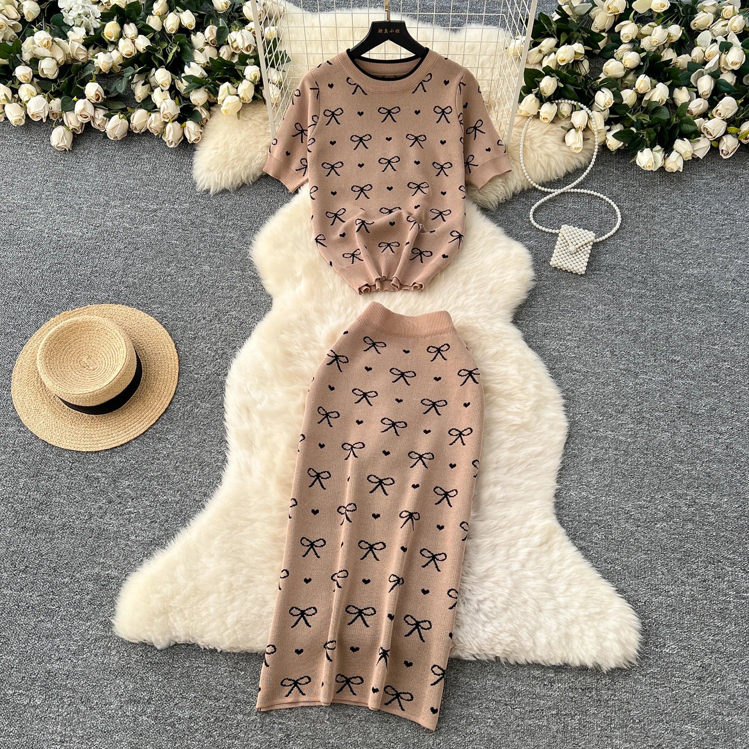 SINGREINY Newest Summer Knitting Suits O Neck Basic Tops+High Waist Sheath Long Skirt Bow Print Chic Casual Women 2pcs Sets