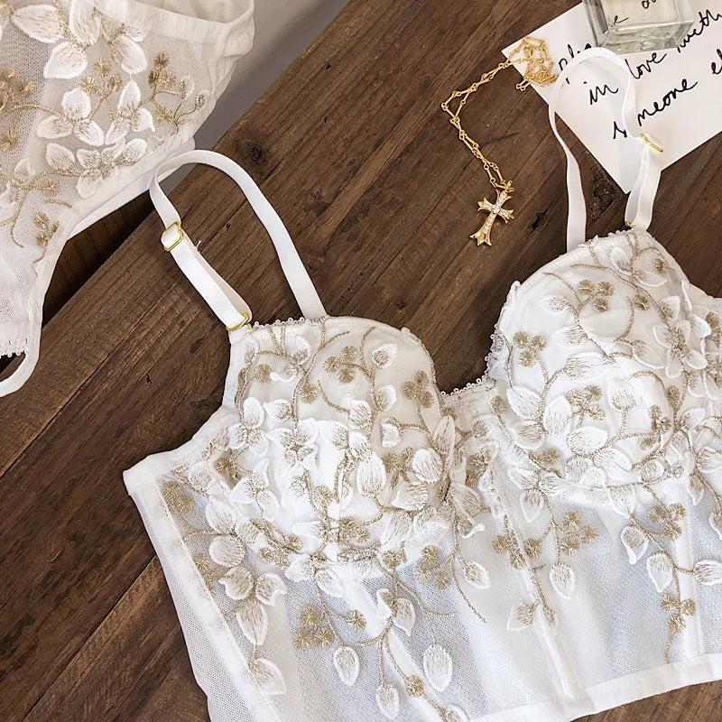 2 Pieces Sexy Lace Flowers Embroidery Underwear Set for Women French Body Shaping Push Up Bra Set Romantic White Lingerie Sets