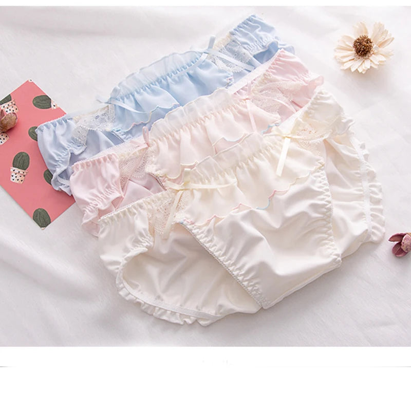 Milk Silk Cute Lovely Sweety Women's Panties High Elasticity Breathable Soft Smooth Underwear Low Waist Ruffle Edge Breifs