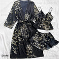 Large Size Female 3PCS Robe Pajamas Set Sexy Print Flower Kimono Batrobe Gown Spring Summer Sleepwear Homewear Satin Loungewear