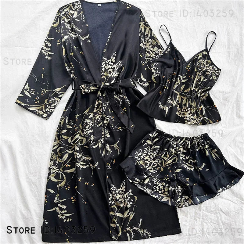 Large Size Female 3PCS Robe Pajamas Set Sexy Print Flower Kimono Batrobe Gown Spring Summer Sleepwear Homewear Satin Loungewear