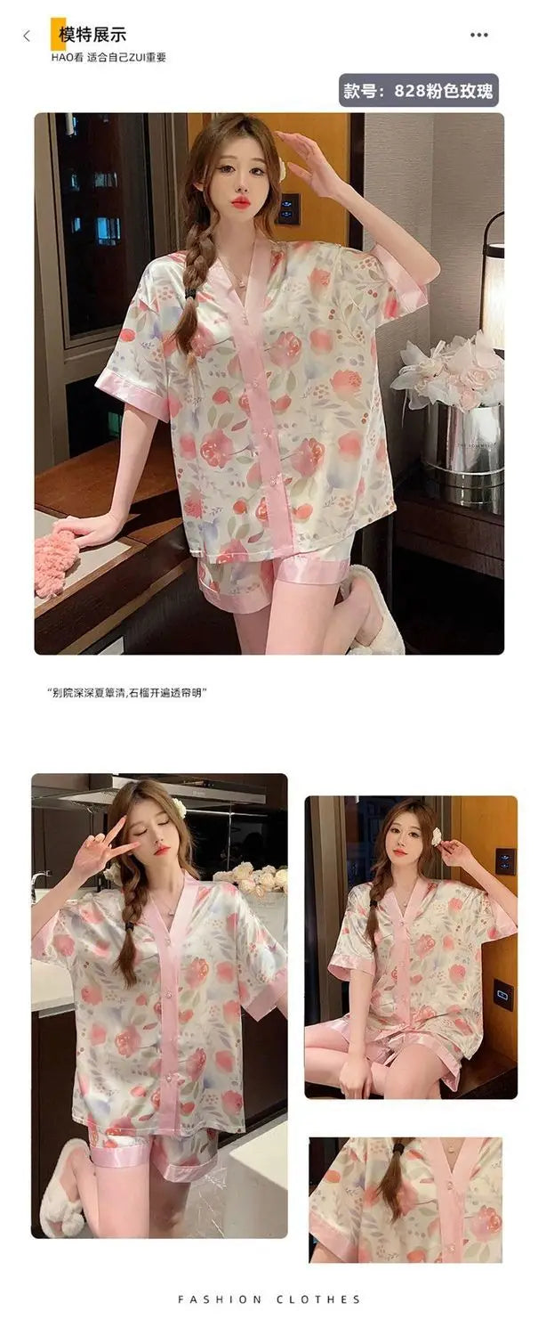 Luxury Women Silk Sleepwear Summer Short Sleeve Cardigan Shorts Two Pieces Homewear Kawaii Clothing Pajama Sets Nightwear Korean