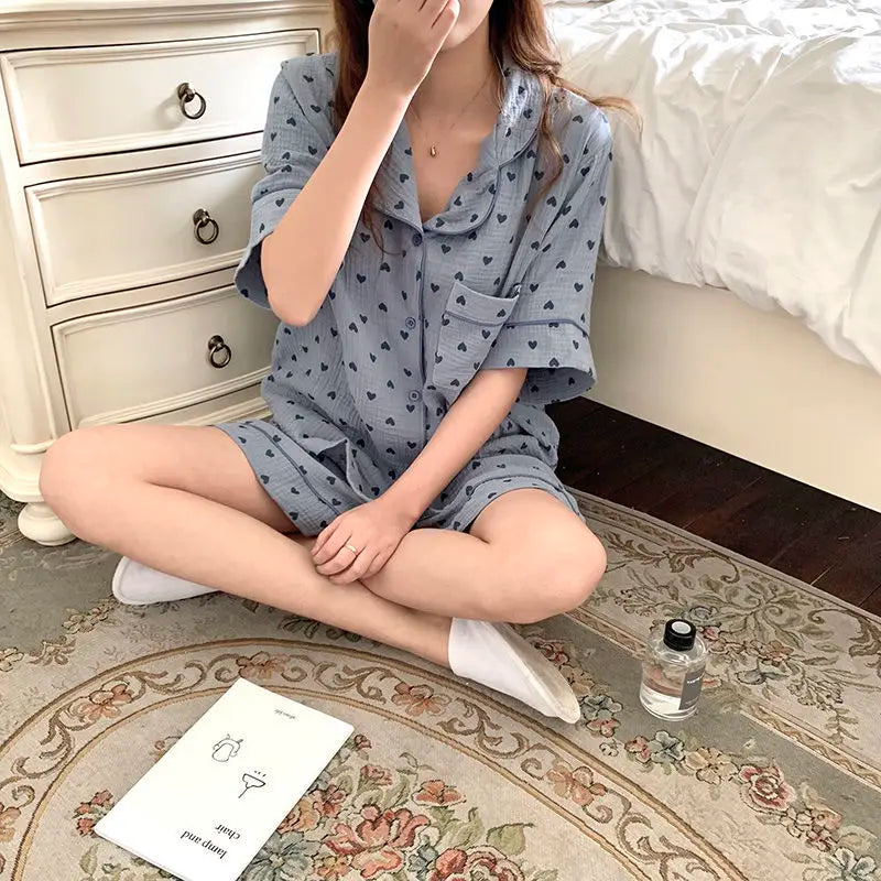 Cotton Women's Pajamas Korean Sleepwear Summer 2021 Pijama Heart Print Pyjamas Short Sleeve 2 Piece Set Suits Loungewear