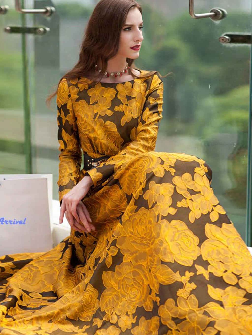 Elegant Women Floral Long Maxi Dress Jacquard Evening Party Boho Fall Winter Vintage Dress Ladies A-Line Robe