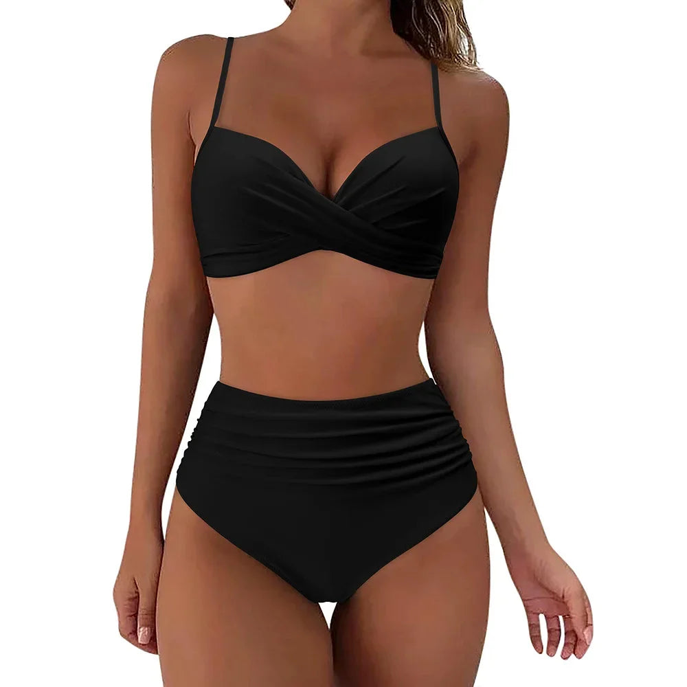 Slimming High Waist Bikini Set Women's Multi-Color Hard Bag Gathered Bikini Ideal for plus Size Swimsuits And Beachwear