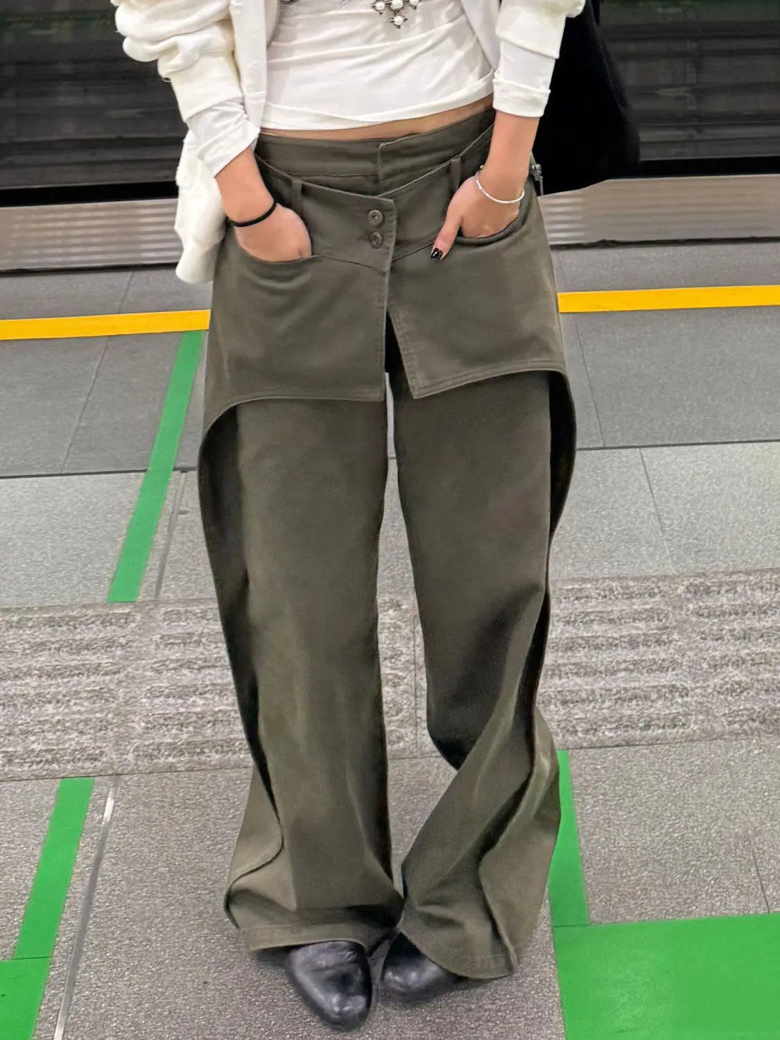 American Fashion Street Wash Retro Fake Two-piece Design Jeans Women's Loose Wide Leg Pants Trendy Female Clothing