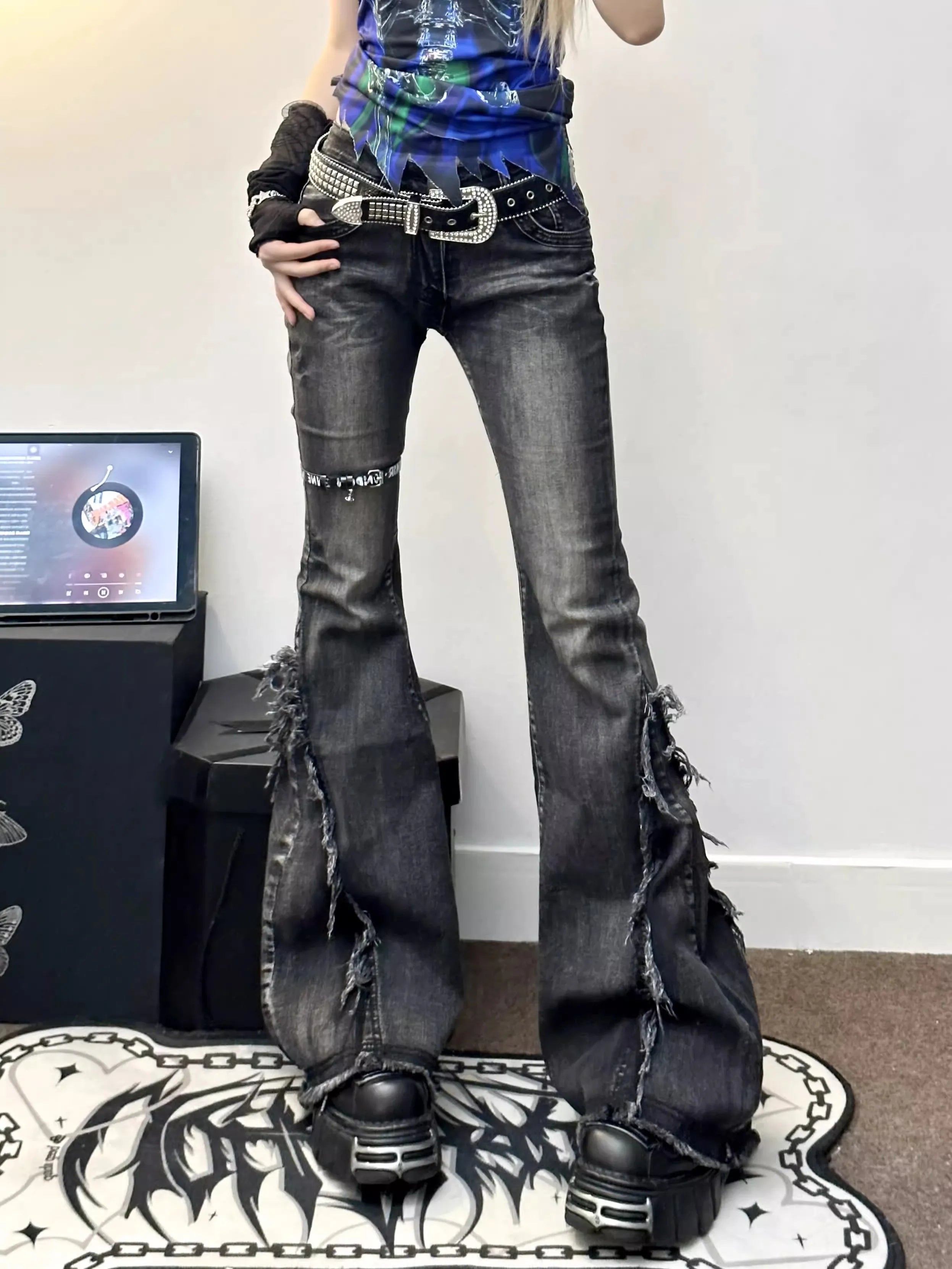 Women's Black Gothic Baggy Flare Jeans Harajuku Y2k Aesthetic Denim Trousers Punk Jean Pants Vintage 2000s Trashy Clothes 2024
