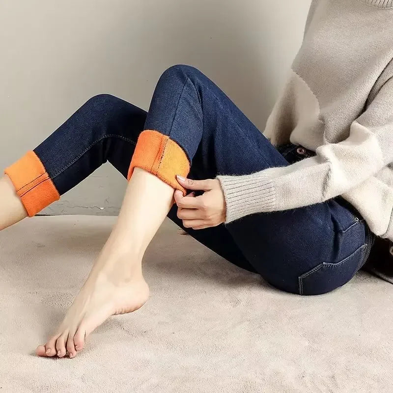 High Waist Fleece Lined Skinny Jeans Women's Autumn Winter New Style Pure Color Slimming Tight Fit Ankle Length Pants