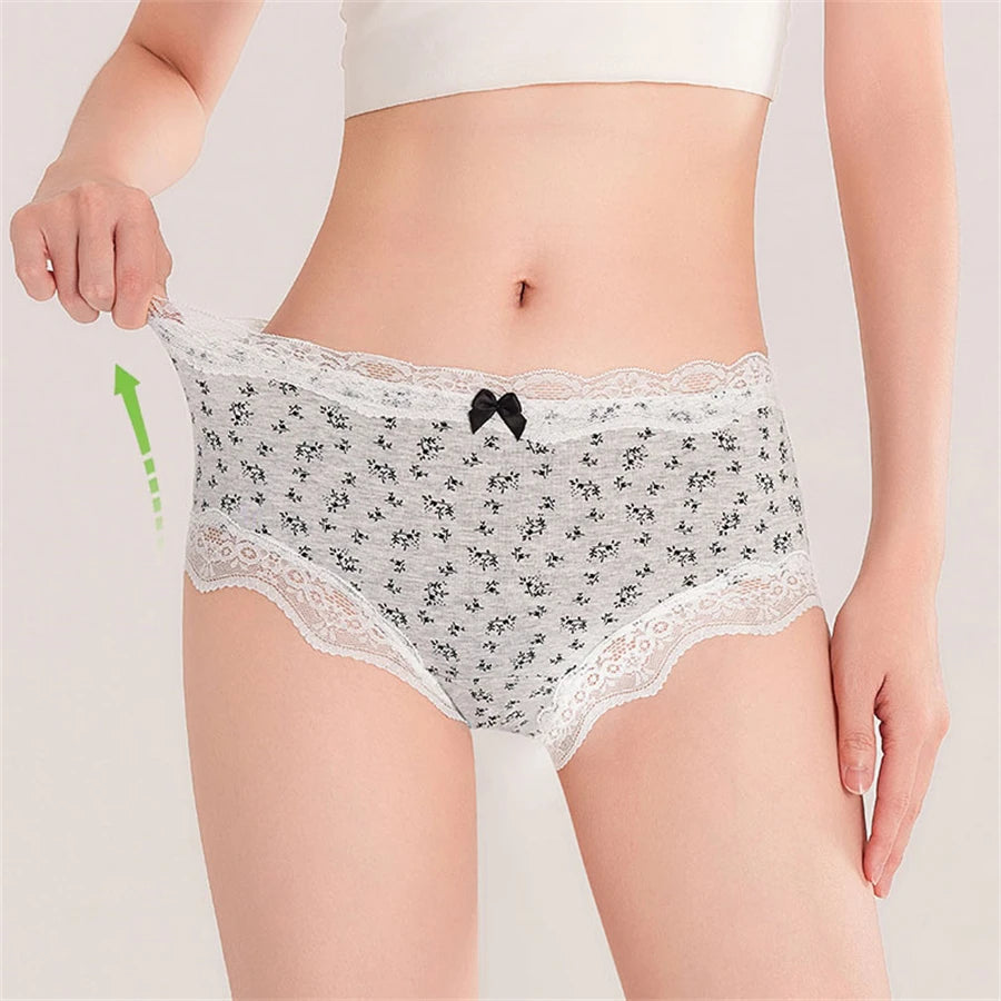 3Pcs Floral Cotton Crotch Panties Women's Underwear Cute Bow Brief Mid Waist Breathable Sexy Lace Female Lingerie Panties