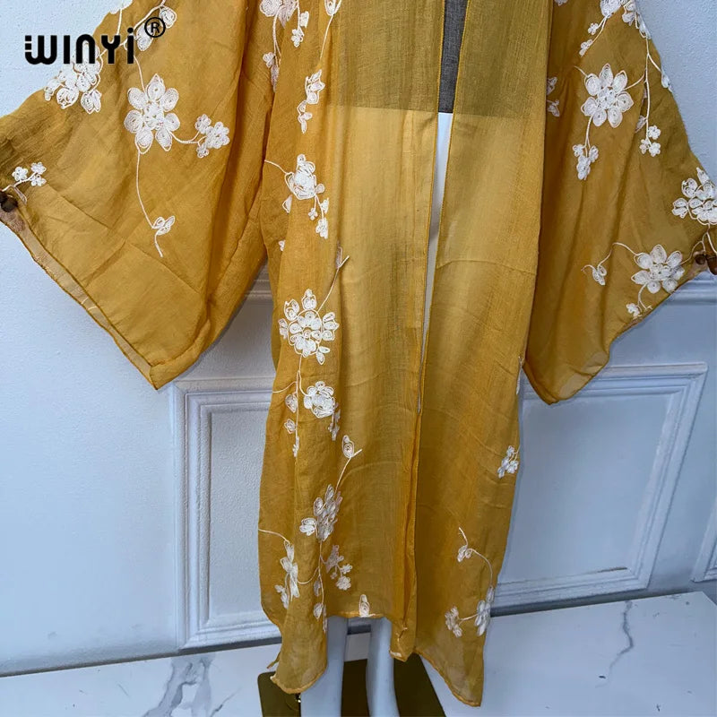 WINYI summer outfit Embroidered elegant cardigan Beach Wear Swim Suit Cover Up Holiday Long Sleeve Kimono beach maxi dress