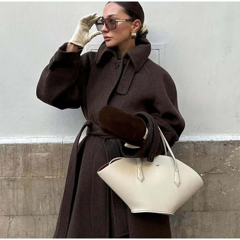 Elegant Stand Collar Long Woolen Coat Women Loose Full Sleeve Single Breast Warm Overcoat 2026 Spring Lady Outwear New