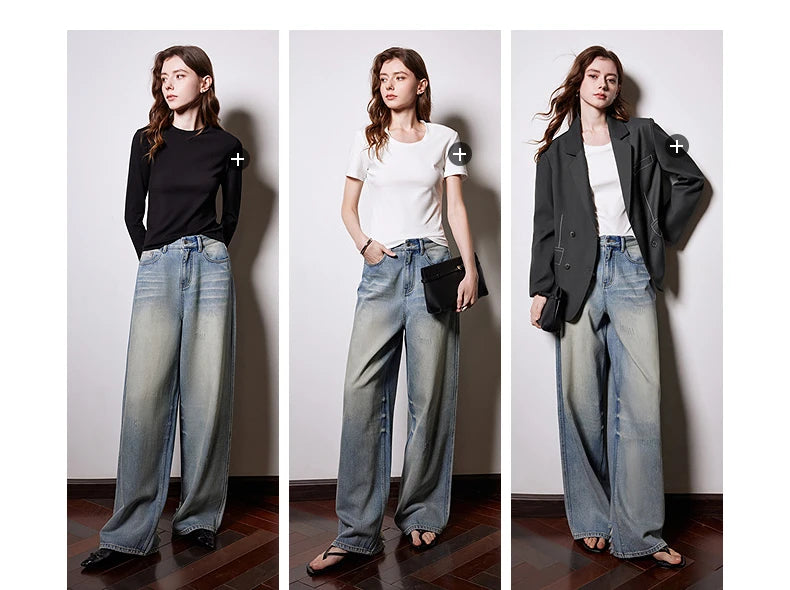 TOYOUTH Women Denim Jeans 2025 Spring New Mid Waist Wide Leg Straight Casual Long Pants