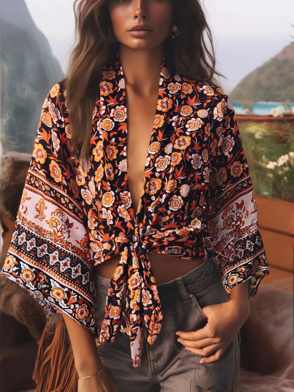 Vintage Women Fashion Boho Kimono Short Robe Swimsuits Floral Batwing Sleeves Rayon Bohemian Bikini Cover Ups Beachwear