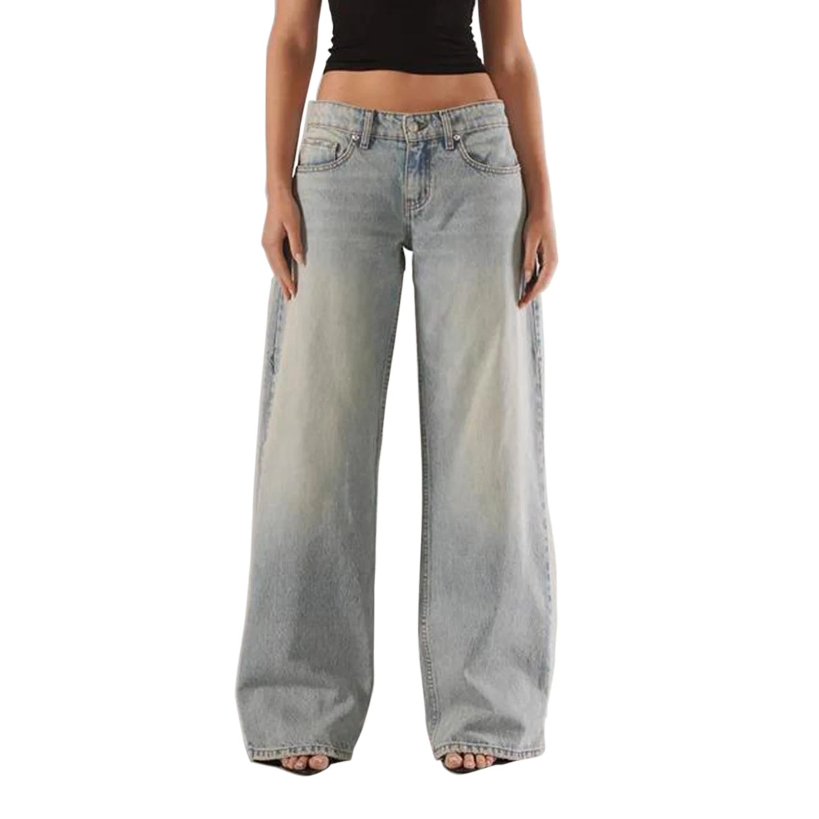 Women's Fall Jeans with Pockets Fashion Loose Fit Casual Solid Low Rise Wide Leg Denim Pants