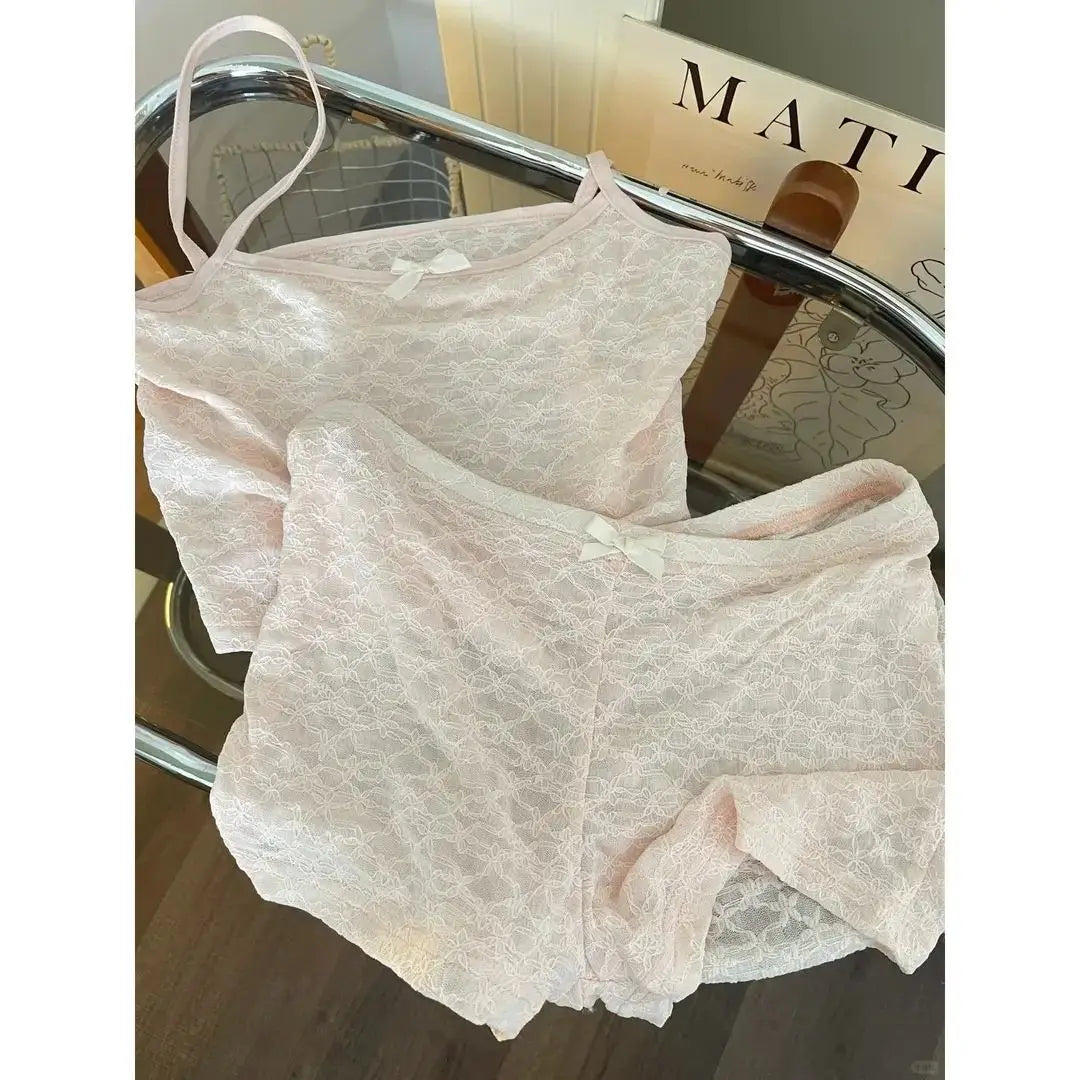 ElyraLux Women's Sexy Pajama Lace Suspenders Shorts Two Piece Summer Slim Fit Clothes Sweet Style Sleeveless Matching Outfits
