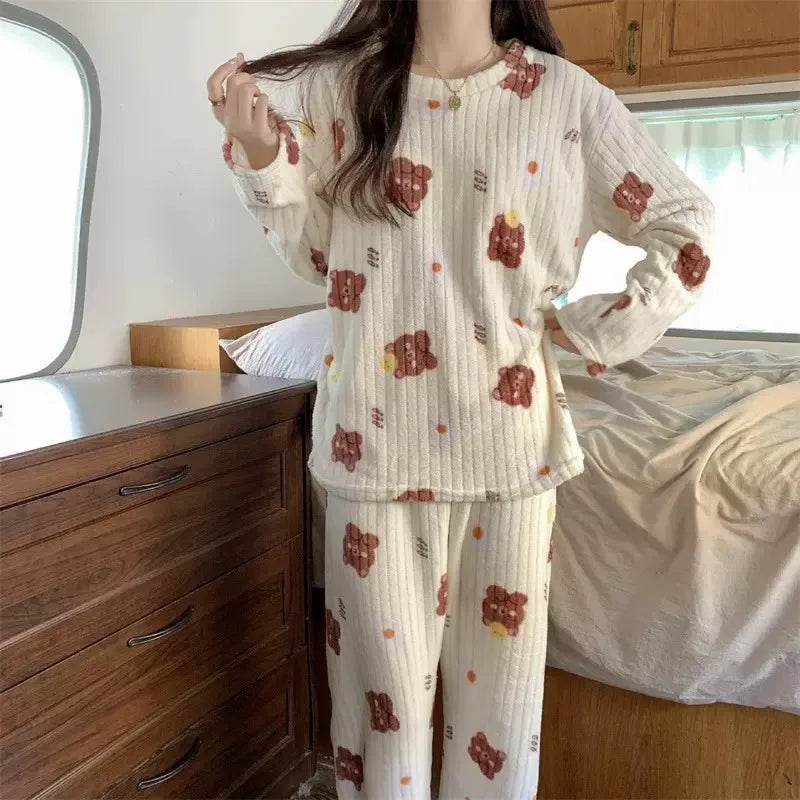 2 Piece Set Warm Sleepwear for Winter Women Printed Bear Coral Velvet Pajamas Student Flannel Loungewear Round Neck Nightwear