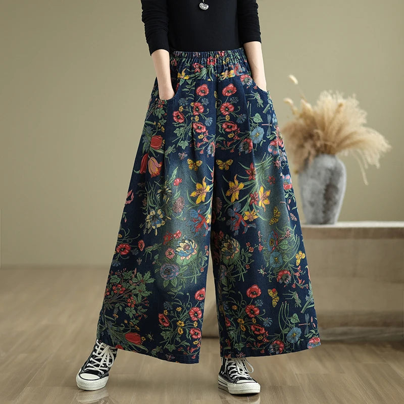 Women Ethnic and Retro Printed Wide-Leg Jeans for Autumn Winter New Style Elastic Waist Loose Fit Casual Versatile Denim Trouser