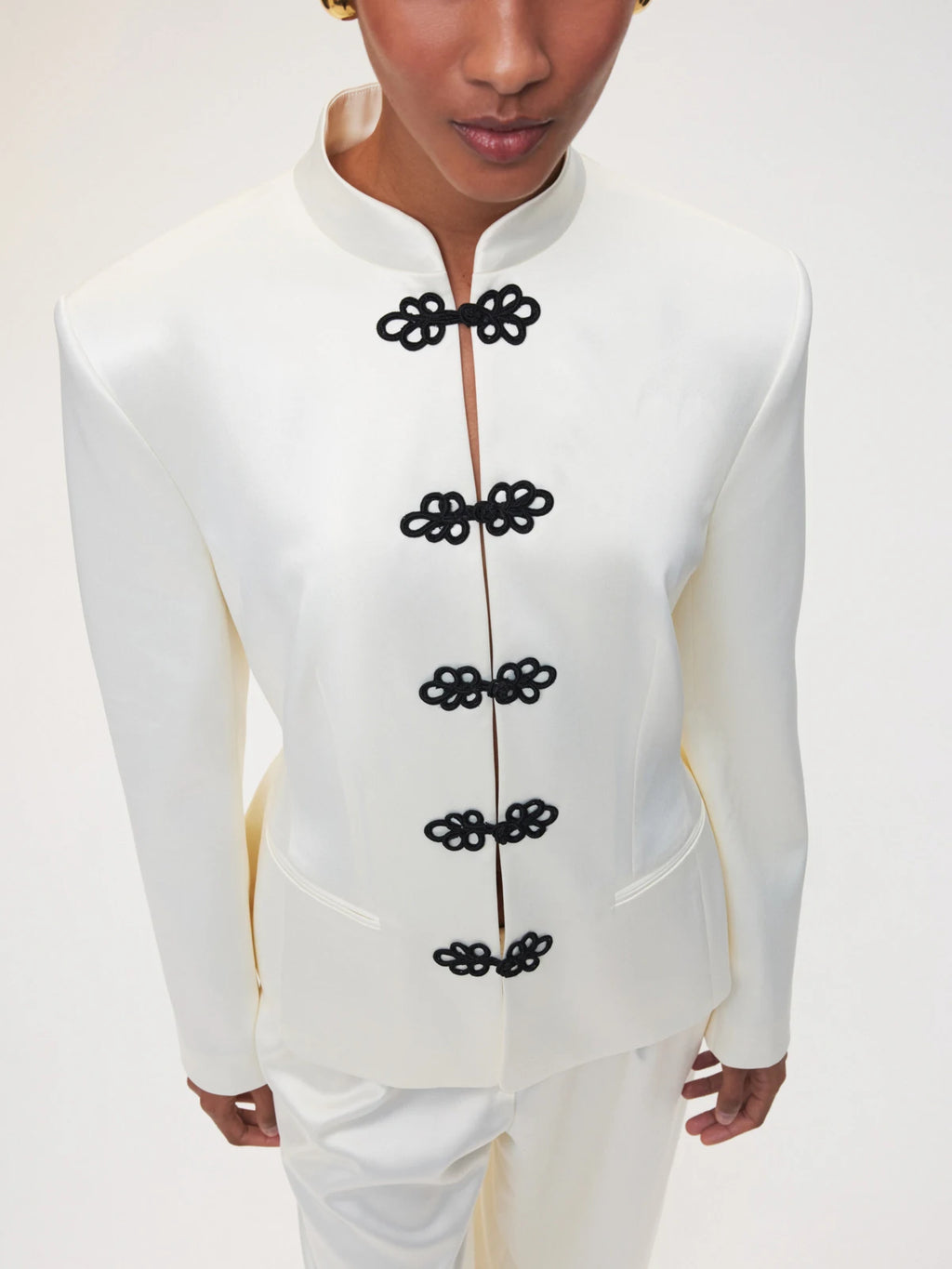 DFDG Women's Spring Summer Satin Mandarin Collar Knot Button Blazer Chic Formal Casual Wear 2026 Trendy Feminine Fashion Coat
