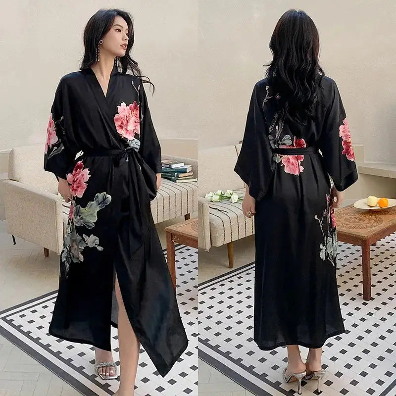 Print Flower Female Long Robe Sleepwear Japanese Kimono Bathrobe Gown Spring Summer Satin Nightgown Loose Casual Home Dress Wear