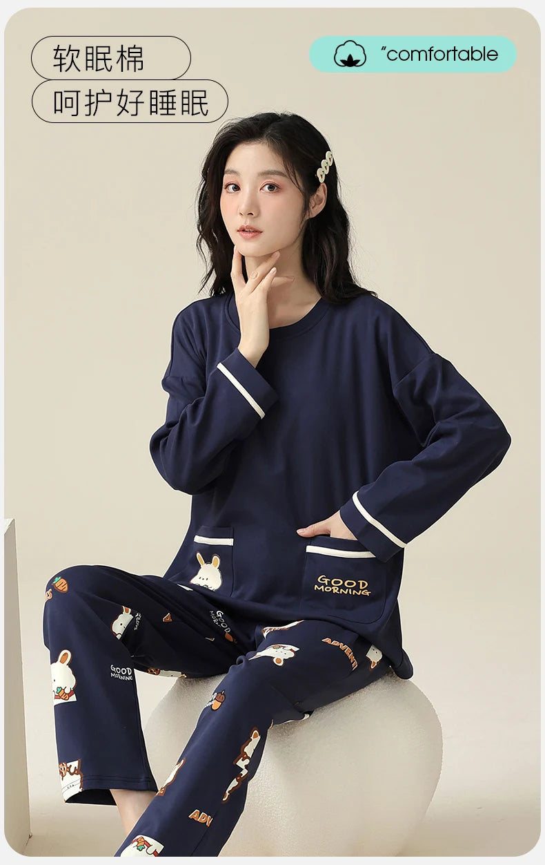 SUKAE M-5XL Big Size Women Pajama Set Autumn Winter New Cotton Long Sleeves Woman Sleepwear Casual Girl Pijama Cartoon Nightwear