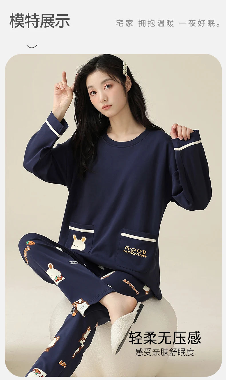 SUKAE M-5XL Big Size Women Pajama Set Autumn Winter New Cotton Long Sleeves Woman Sleepwear Casual Girl Pijama Cartoon Nightwear