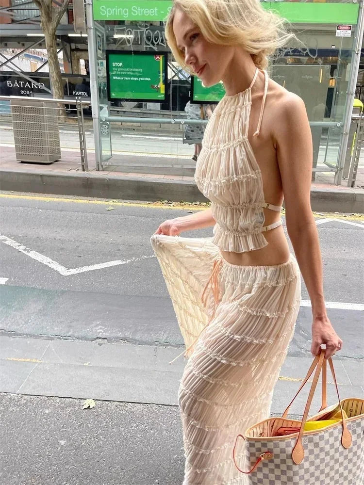 Halter Neck Long Skirt Suit Women Summer Party Beach Backless Sling Top + Lace Up Fold Maxi Skirts 2 Piece Set Female Outfits