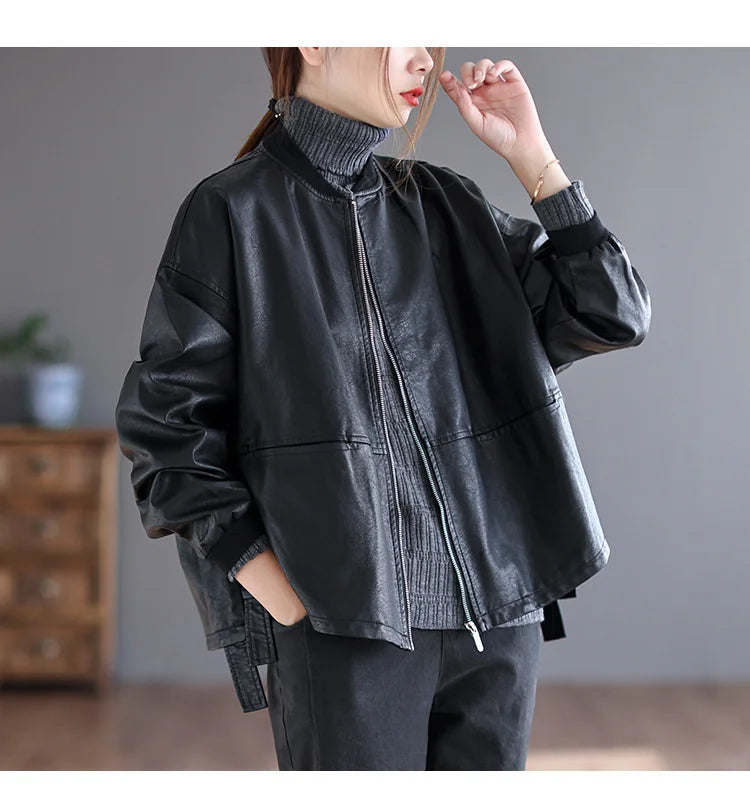 Amax luluE 2024 Autumn Fashion Biker Clothes Womens Loose Vintage Faux Leather Jackets Luxury Punk Pu Coats Black Big Outerwear