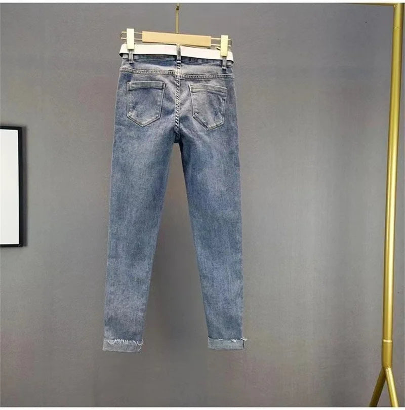 Spring Summer New 2025 Korean Slim Women Jeans Sequins Hot Drilling Denim Pants Ladies Pencil Cowboy Pants Trousers Lady