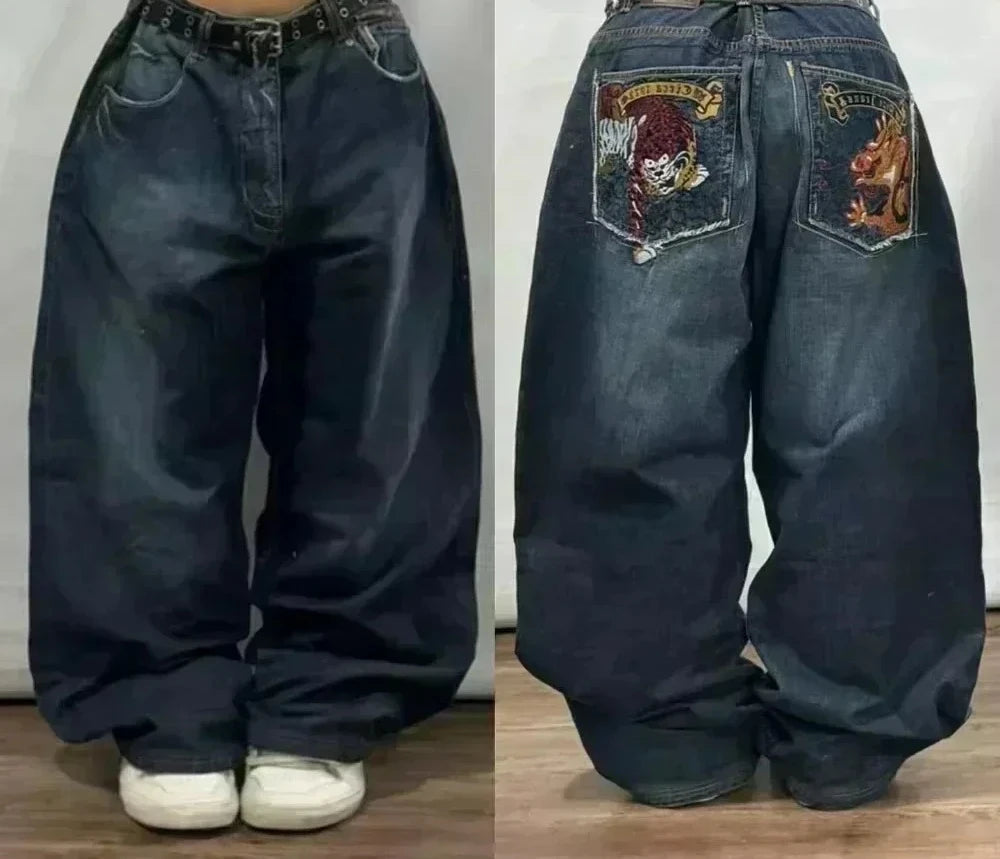 American Street Fashion Trend Big Pocket Loose Jeans Women Harajuku Y2K New Hip Hop Vintage Oversized Jeans Unisex Mopping Jeans