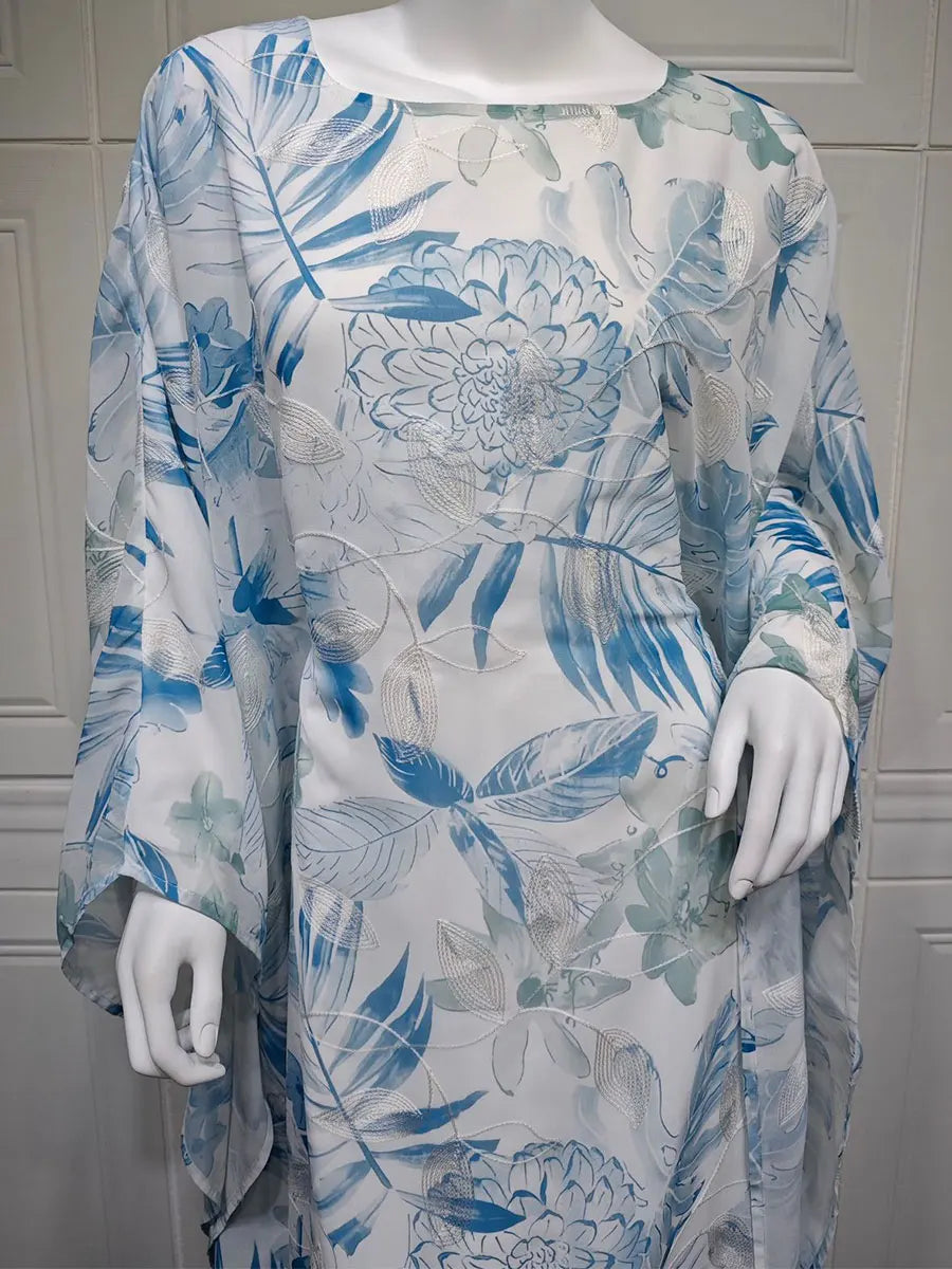 Siskakia Muslim Printing Dress For Woman Batwing Sleeve O-Neck Dubai Abaya Elegant Casual Loose Moroccan Saudi Kaftan Fashion