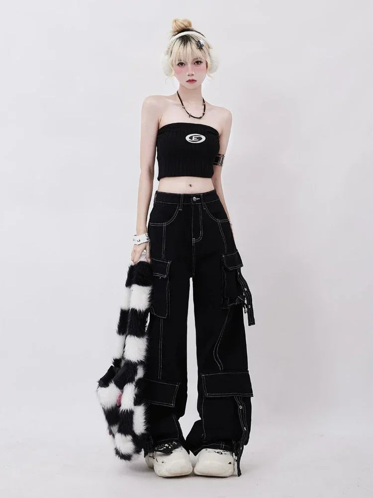 ADAgirl Black Cargo Jeans Women Y2k Harajuku Vintage Baggy Pockets Korean Wide Leg Denim Pants Hip Hop Causal Female Trousers
