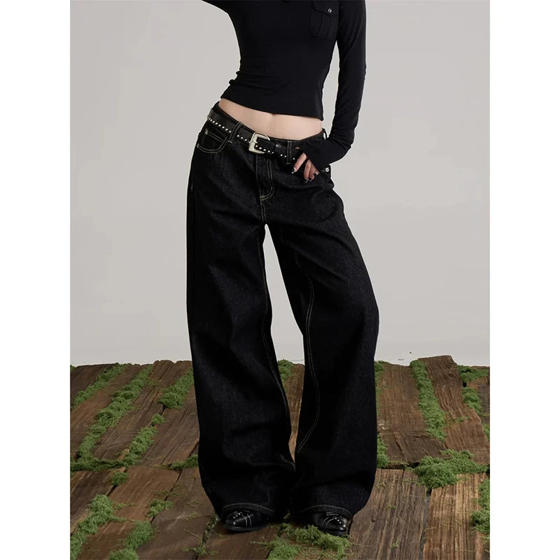 YIBASHU Women Blue Y2k Wide Jeans Letter Print Jean Pants Vintage Harajuku Baggy Grunge Star Denim Trouser Alternative Clothes