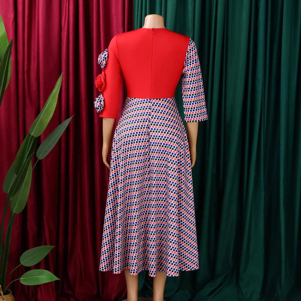 Elegant Dresses for Women 2026 Fall Fashion African 3/4 Sleeve Party Birthday New Robe Chic 3D Flower Plaid Evening A-Line Dress