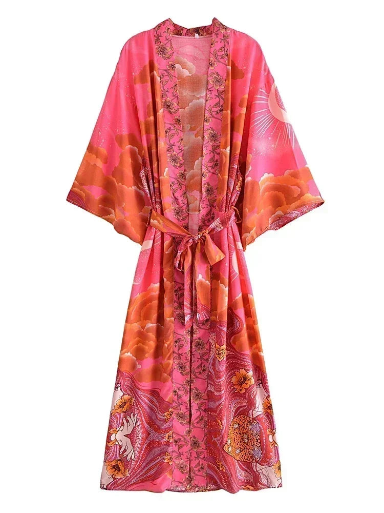 Vintage Chic Women Star and Moon Floral Print Bat Sleeve Beach Bohemian Kimono Dress Robe Ladies Summer Boho Bikini Cover-ups