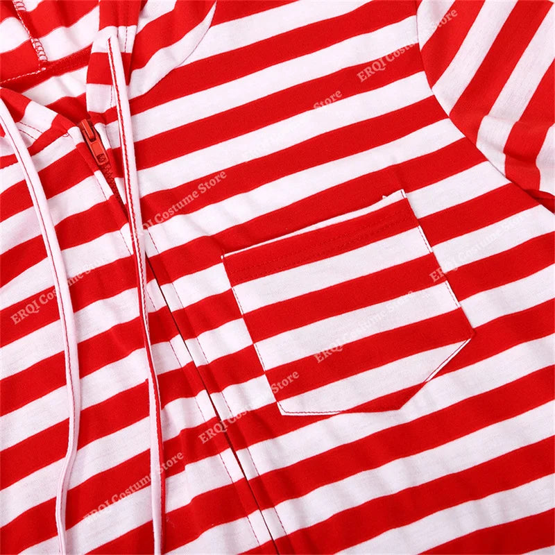 Couple Onesie Plus Size Christmas Pajamas Red and White Striped Onesies for Adults with Zipper Jumpsuit Hooded Sleepwear