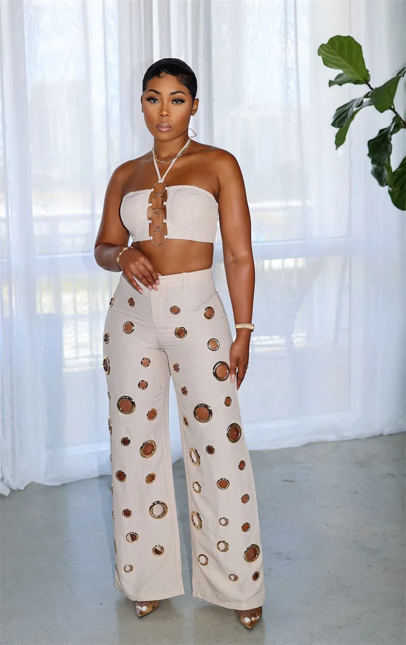 Sexy Night Party 2 Piece Sets Women Outfit Clubwear Festival Clothing Halter Strapless Crop Top and Hollow Out Wide Leg Pants