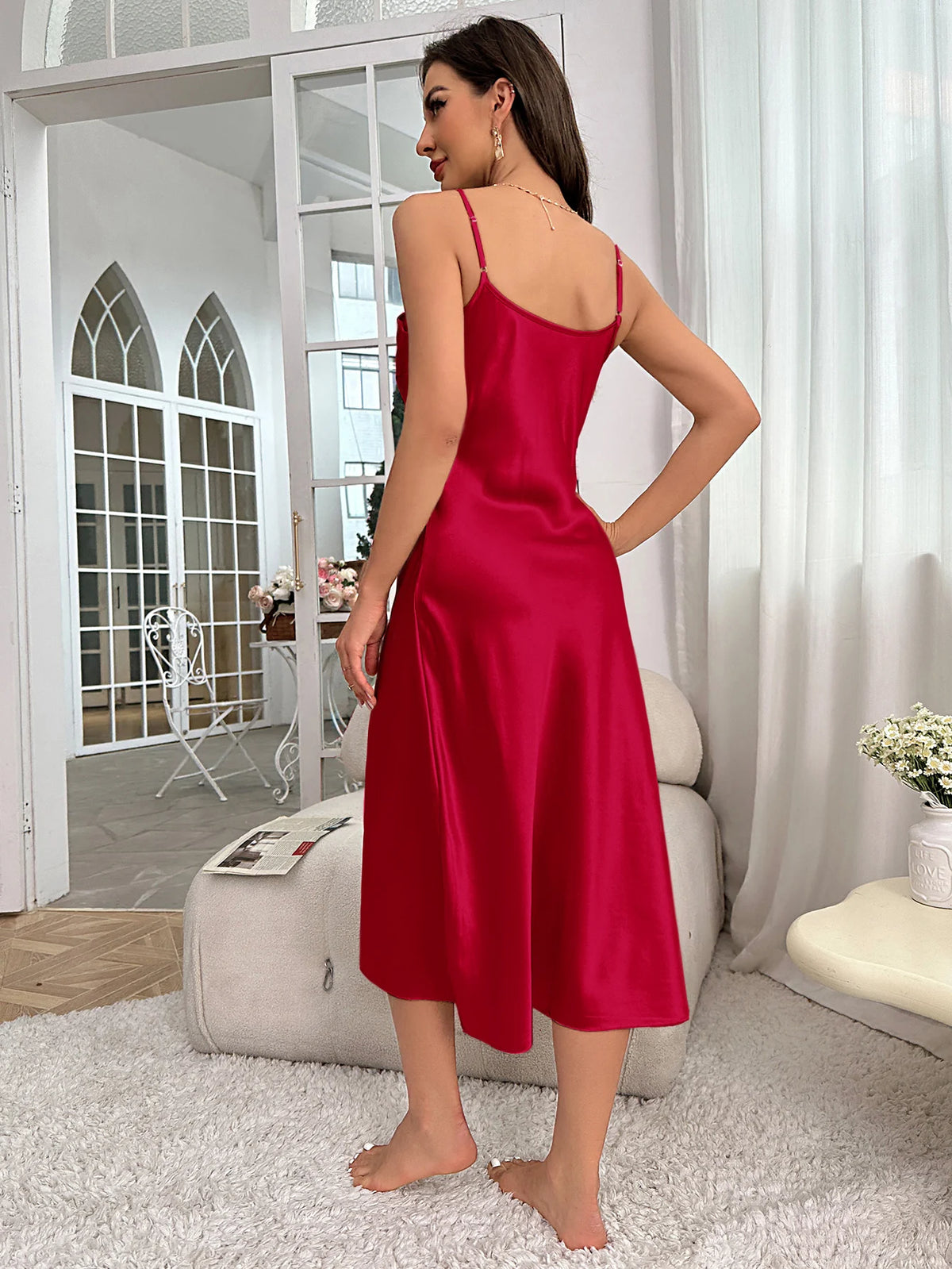 Solid Satin Nightdress  Sexy V Neck Spaghetti Strap Slip Dress  Women's Sleepwear   Dresses