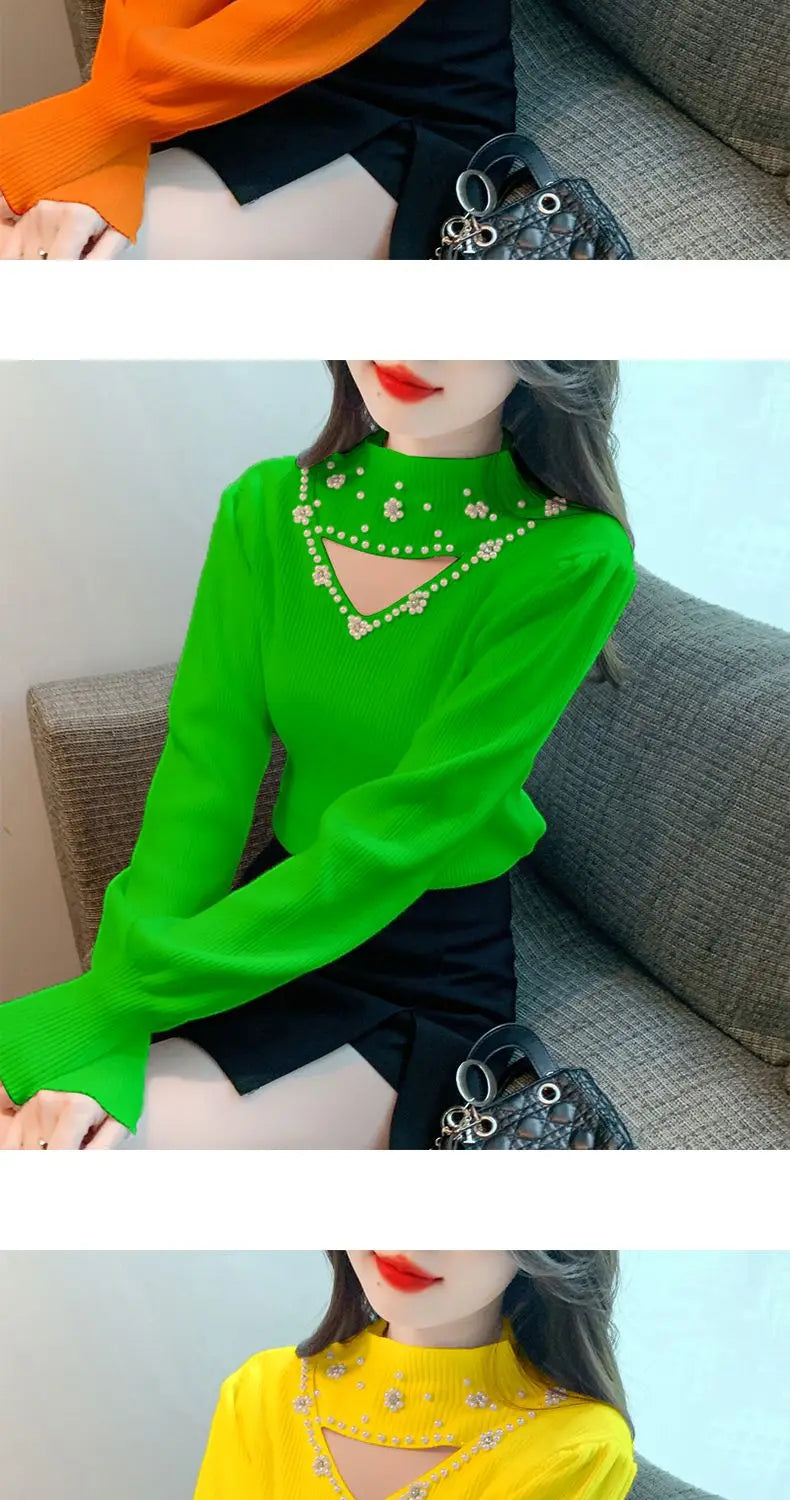 Autumn Winter Fashion Embroidered Flares Solid Color Half Height Collar Pullovers Ladies Fashionable Hollow Out Knitting Sweater