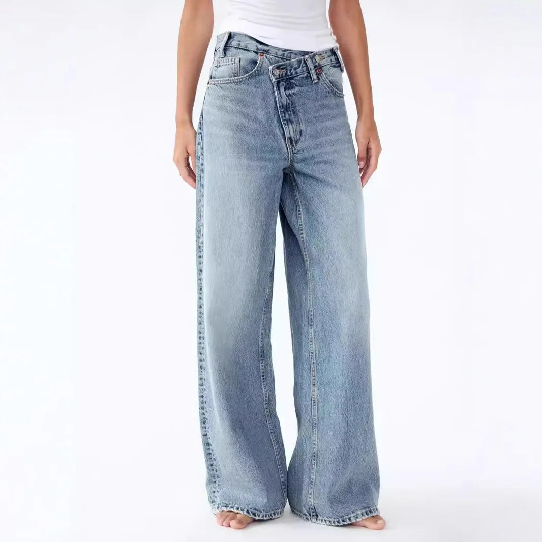 2025 Asymmetrical Diagonal Buckle Sense Design Wide-leg Jeans. Women's Four Seasons New Street Fashion Retro Casual Loose Jeans
