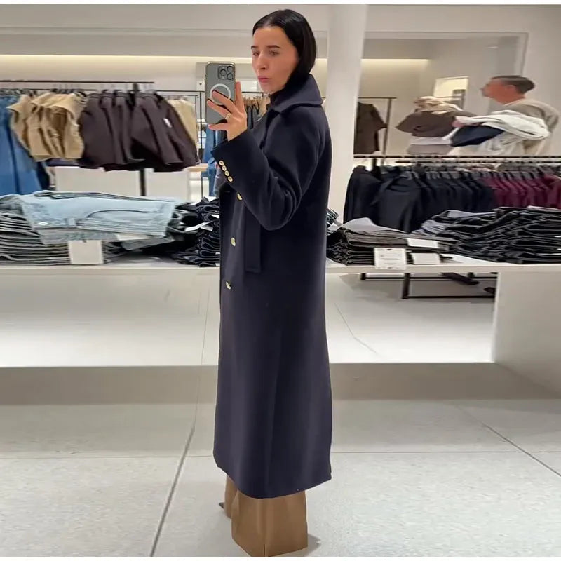 Elegant Stand Collar Long Woolen Coat Women Loose Full Sleeve Single Breast Warm Overcoat 2026 Spring Lady Outwear New