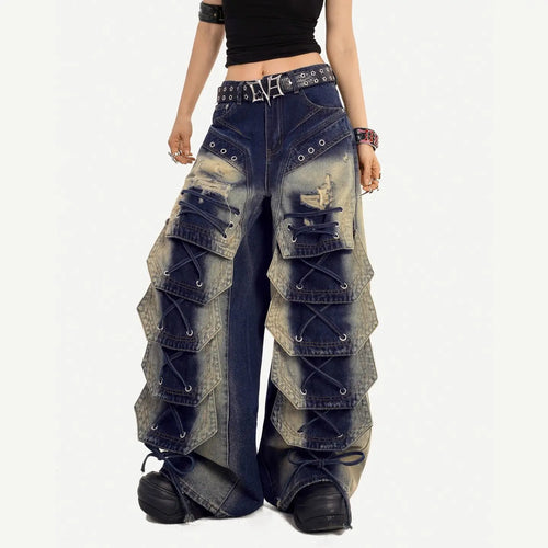 American Vintage Heavy Wash Wid Leg Pants Punk Style Y2K Goth Slim Personalized Streetwear Fairycore Jeans Lace Up Design Pants