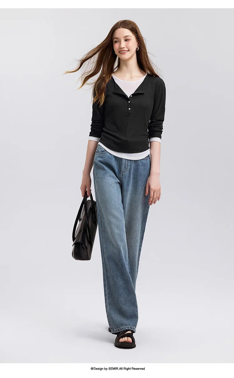 Semir Jeans Women Heightening Pure Cotton Long Trousers Autumn 2024 New Flesh-hiding Wide-leg Trousers
