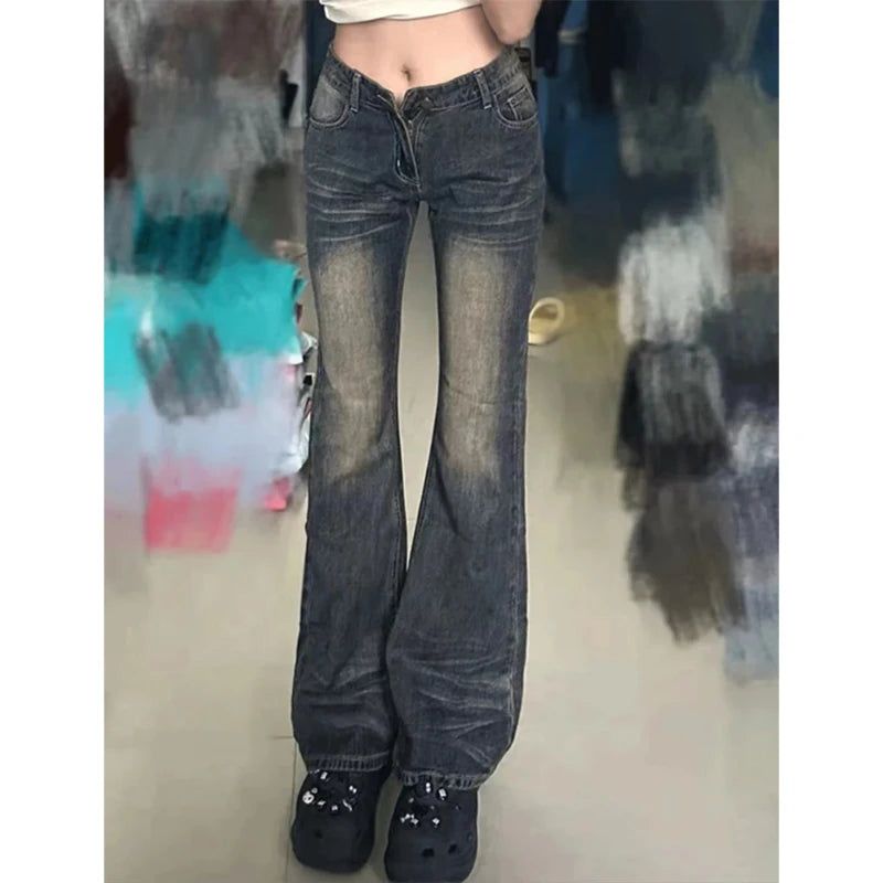 Women's Grey Flare Jeans Vintage Korean High Waist Cowboy Pants Harajuku Denim Trousers 90s Aesthetic Y2k Emo 2000s Clothes 2024