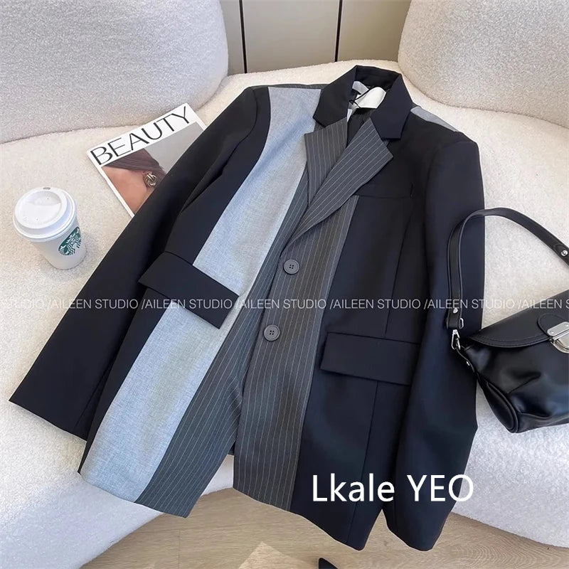 Women's Suit Coat 2025 Spring Autumn Design Sense Splicing Temperament Ladies Blazer Jacket Fashion Versatile Female Outerwear