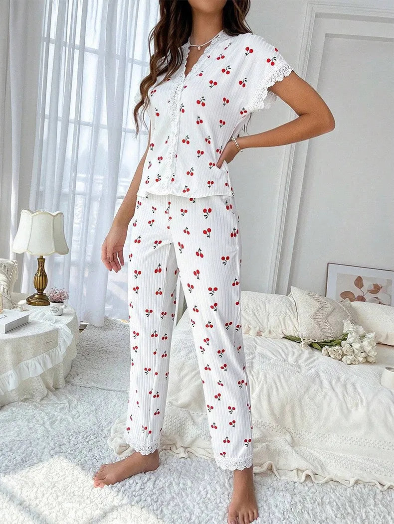 Women's Summer Fall V-neck Lace Cherry Print Pajama Set Slim Fit Short Sleeve Shorts & Pants Home Loungewear