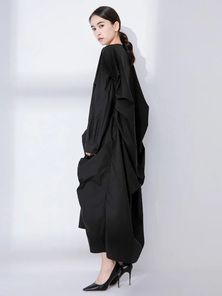 EAM Women Black Big Size Irregular Pleated Dress New Round Neck Long Sleeve Loose Fit Fashion Tide Spring Autumn 2026 31A0020